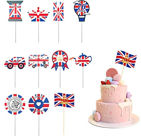 50 Stück Kuchendekorationen (30 Stück Platinum Jubilee Kuchendekorationen + 20 Union Jack Kuchenaufsätze), 2022 Queen's Platinum Jubilee Cupcake Topper, Queen's 70th Anniversary Party Dekorationen