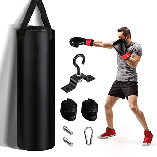 GYMAX Erwachsene Boxsack-Set mit Boxsack 28 kg, Sandsack mit 12 oz Boxhandschuhen & Boxbandagen, hängend Box-Set 100 cm, für Kickboxen, MMA, Kampfsport, Muay Thai, Boxen