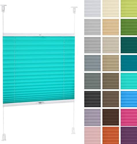 DECOOR Plissee ohne Bohren 55cm x 100cm Faltrollo Rollo für Fenster und Tür Nicht-invasive Fensterjalousien guter Sichtschutz und Sonnenschutz Breite der Überlappung 2 cm Azurblau