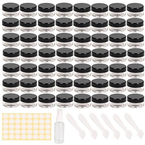 70 pezzi 5 ML contenitori cosmetici vuoti +6 pezzi di raschietto + 1 pezzo di flacone spray + 80 pezzi di adesivi,vasetti plastica