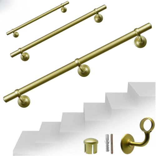 Parpyon® Corrimano a muro Scala Tubo passamano Prodotto 100% Italiano Fissaggio a parete con supporto Kit montaggio FACILE fai da te scale e balaustra (Oro Satinato, 80cm)
