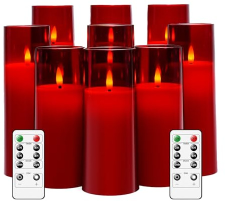 kakoya Flickering Flameless Candles Battery Operated with Remote and 2/4/6/8 H Timer Plexiglass Led Pillar Candles Pack of 9 (D2.3 xH5.5 6.5 7.5) with Realistic 3D Wick Candles for Home Decor(Red)