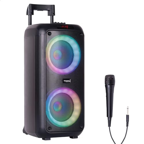 Ibiza - VENUS600 - Altoparlante portatile 2x8/20 cm, 600W a batteria con effetto luce sul pannello frontale e microfono cablato - Bluetooth, USB, microSD, AUX e MIC - Nero