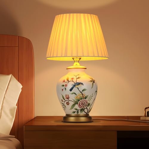Lámpara de mesa de cerámica vintage, lamparas de mesita de noche de estar, dormitorio, tela blanca, luz de libro de lectura, lámpara de escritorio, lampara de pie salon E27 de estilo moderno,Blanco