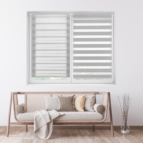 ECOMMERC3 Doppelrollo Nacht und Tag ohne Bohren Größe 30x130 - Easyfix Rollo OHNE Werkzeuge Stoffgröße 27x125 - Doppelrollo Nacht und Tag Silbergrau