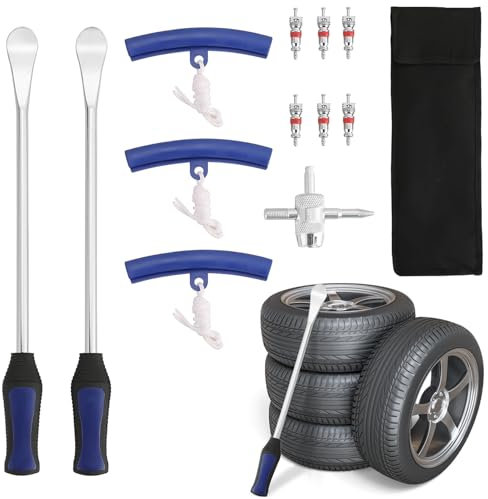 DASBET 14.5 Tire Spoon Tool Kit, Tire Changing Tools Removal Tools for Motorcycle, Dirt Bike, ATV, Including 3 Tire Spoons, 3 Rim Protectors, 6 Valve Cores, 1 Valve, 1 Portable Bag