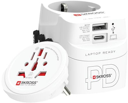SKROSS - PRO Light USB AC45PD - Universeller Reiseadapter in die Welt und zurück mit 2 USB-Anschlüssen - 45 W Schnellladung - Spannung und Leistung: 100 V AC – 700 W / 250 V – 1750 W