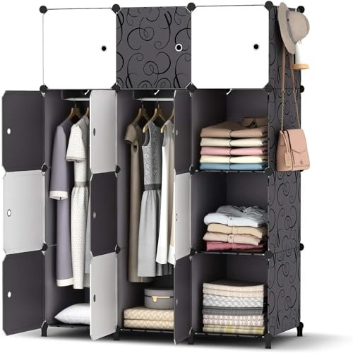 HOMIDEC Kleiderschrank, Tragbarer Regalsystem,12 Würfel Schrank aus Kunststoff mit 3 Kleiderstange, Schlafzimmerschrank kleiderschrank Weiss für Schlafzimmer (schwarz und weiß)