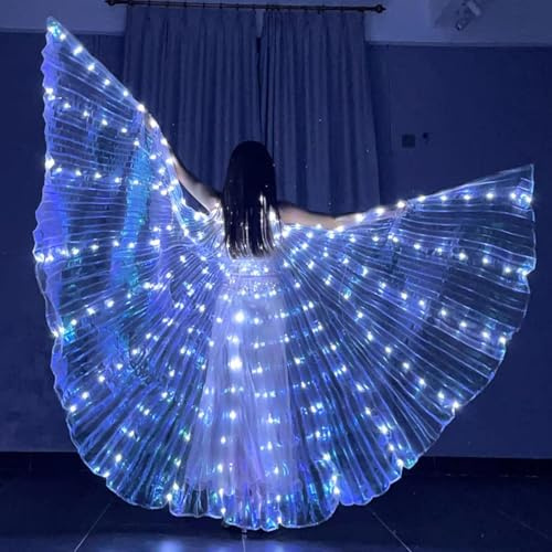 Ailes LED pour adultes 360° avec mode lumière clignotante toujours allumée, arc-en-ciel avec barres télescopiques, pour Halloween, carnaval, déguisement, danse du ventre, cosplay (adulte blanc)