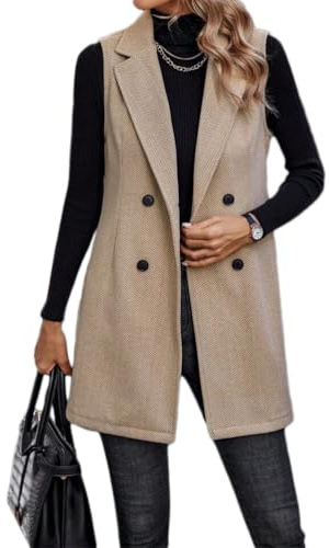 Onsoyours Damen Ärmellos Revers Blazer Weste Elegant Anzugjacke Casual Jacke Einfarbig Cardigan Freizeitjacke Langer Mantel Doppelreihige Zwei Knöpfe Anzug Weste A Mandel XL