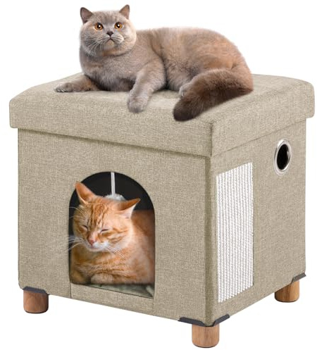 BRIAN & DANY Casa Gato, Cueva para Gatos de Interior, Cama Plegable para Gatos con Tabla Rascador y Pelota de Juego, Taburete con Patas de Madera, 37 x 31,8 x 36 cm, Caqui