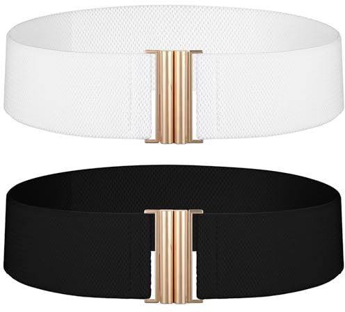 2 Stück Taillengürtel Breiter Gürtel, Elastischer Gürtel Damen Breiter Taillengürtel Für Damen Verstellbarer Gürtel Goldene Schnalle Stretch Waist Belt für Kleider, Jeans, Hosen (Weiß, Schwarz)