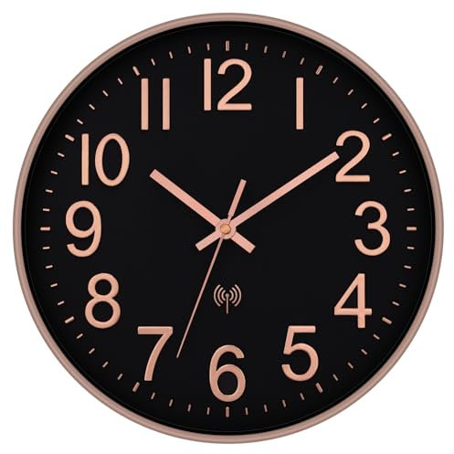 Foxtop Wanduhr Funk Geräuschlos Lautlos Analog Nicht Tickend 30 cm Leicht Ablesbare Uhr für Küche, Wohnzimmer, Schlafzimmer, Badezimmer, Heimbüro, Schwarz-Rosa