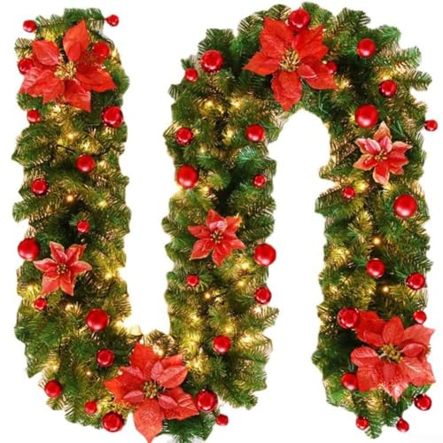 Ghirlanda natalizia impermeabile da 7 metri, decorazione floreale per casa, giardino e feste (rosso)