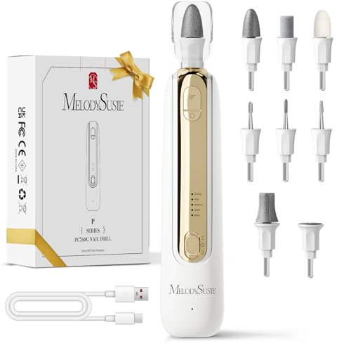 MelodySusie Kit de Manucure et Pédicure Professionnel, PC760G Ensemble de Ponceuse Électrique 8-en-1 avec 5 Vitesses, Rechargeable et Sans Fil, avec Lumière LED à 360°, Blanc&Or