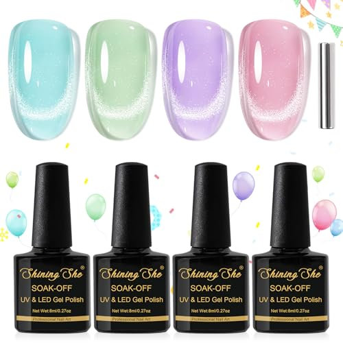 Shining She Gel Nail Polish Cat Eye, 4 Colours Blue Green Pink Purple Pink Pastel Shimmer Magnetic Nail Polish with Magnet Soak-Off UV/LED Spring Summer Gel Polish for Nail-Art Salon DIY Home, 8 ML