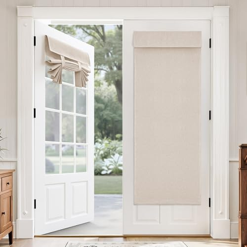 MIULEE 2 Panels 100% Blackout Linen French Door Curtains Set of 2, Privacy No Drill Thermal Insulated Room Darkening Blinds,Window Shades for Patio Front Entry Back Door Glass,W26 x L68 Inch, Natural