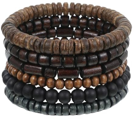 TIESOME 6 Pcs Men Beaded Bracelet, Multilayer Wood Bead & Braided Leather Bracelets, Adjustable Elastic Cord, Vintage Grunge Stackable Cuff Wrap For Casual Wear, Couples Gift
