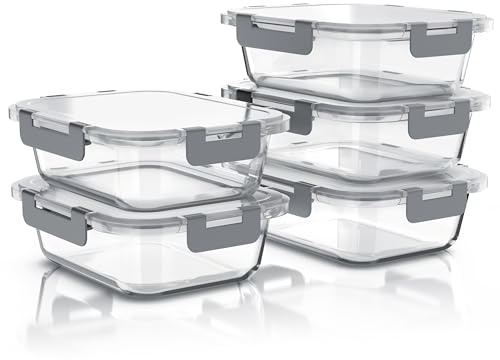 Arendo - Glas Frischhaltedosen Vorratsdosen für Lebensmittel mit Deckel luftdicht - 5er Set - 1000 ml - für Mikrowelle Ofen Gefrierschrank - Spülmaschinen geeignet - Lunchboxen Meal Prep Boxen Set