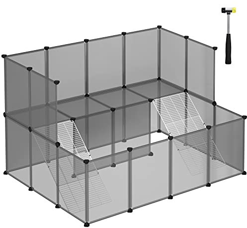 SONGMICS Freigehege für Kaninchen, Gehege für Kleintiere, 143 x 108 x 93 cm, Meerschweinchen-Gehege, Laufstall, aus Kunststoff, Hamster, grau LPC004G01