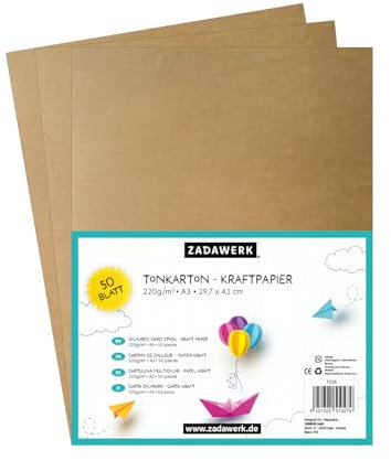 ZADAWERK® Tonkarton - 220 g/m² - DIN A3 - Naturbraun - 50 Blatt - Bastelkarton - farbiges Kraftpapier zum Basteln - Tonzeichenpapier dick - 42x29,7 cm groß - Bedruckbar