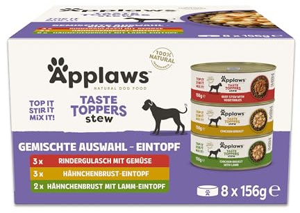 Applaws Comida Húmeda para Perros Natural, Surtido de Carne sin Granos con Verduras en Estofado, Paquete de 8 Latas de 156g
