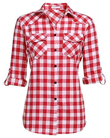 UNibelle Hemden Damen Karierte Bluse Langarm Trachtenbluse V-Ausschnitt Knopfleiste Karohemd Oktoberfest Trachtenhemd HolzfäLlerhemd Casual Hemdbluse Trachten Oberteile Wassermelonenrot-B M