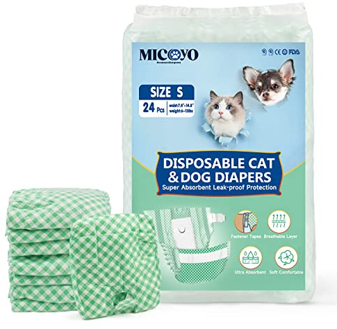 MICOOYO Valp och kattblöjor, engångsbruk, superabsorberande kattblöjor, små hundblöjor för kvinnor, justerbar midja, läckagesäkra blöjor för katter i värme, inkontinens, 24 st (grön, S)