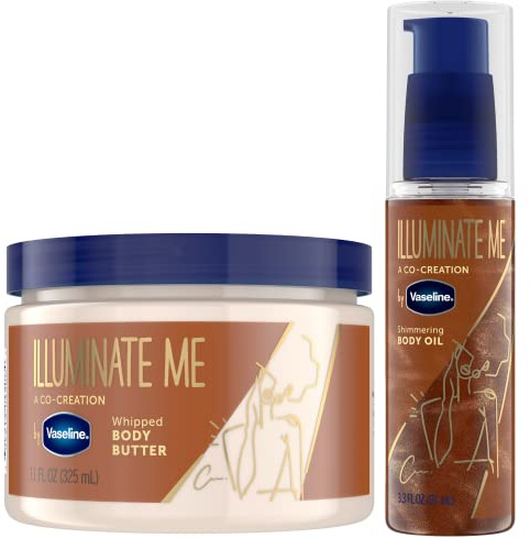 Vaseline Illuminate Me Body Butter & Oil - Shimmering Body Bronzer, Hydrating Whipped Organic Shea Butter with 24-Hour Moisture for Melanin-Rich Skin, Radiant Glow Oil (2 Piece Set)
