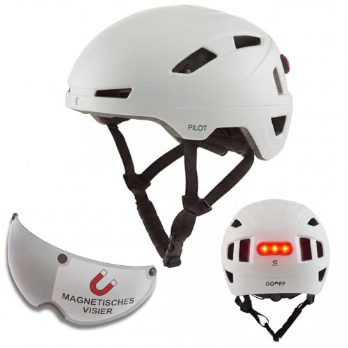 GOOFF Pilot S-Pedelec Helm - Schutz für schnelle E-Bike Fahrten – Fahrradhelm mit Visier und Licht – NTA 8776-zertifizierter Zweirathelm für Damen und Herren (Weiss, L)