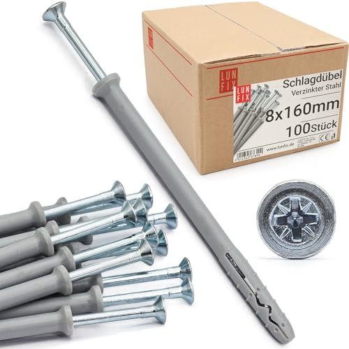 Tasselli muro 8x160 mm con vite premontata, Testa svasata, per montaggi rapidi, adatti come tasselli per cemento armato e cartongesso, ideali anche per cappotto esterno, 100 Pz. – Lun Fix