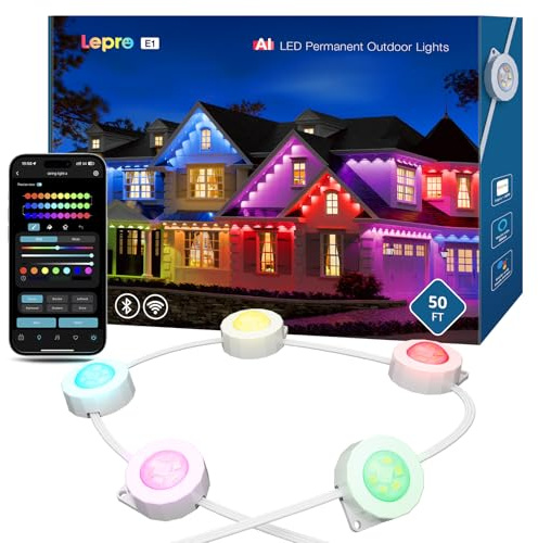 Lepro E1 AI Permanent Outdoor Christmas Lights, 15m RGB+IC & Tunable White | IP65 Waterproof Eaves Soffit Lights, Outside Garden LED Wall Washers, 50ft, App Control, 2.4GHz WiFi, Works with Alexa