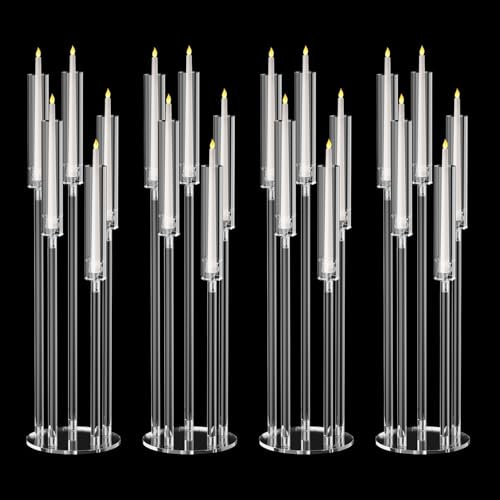 Yokawe Set di 4 centrotavola alti per candelabri, 87 cm di altezza, trasparenti, portacandele a 5 bracci con tonalità acriliche, centrotavola a LED conici per candele da matrimonio, 1 set