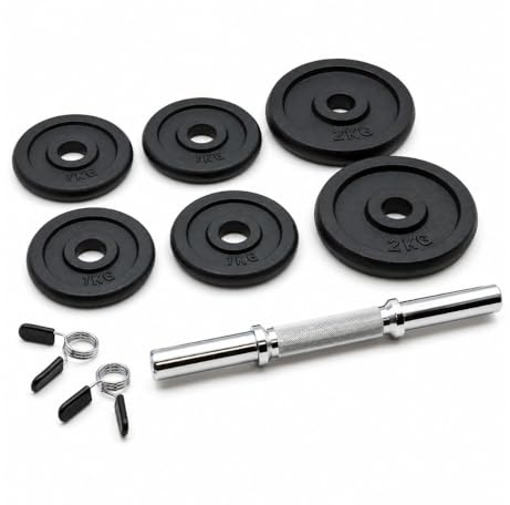EVERGY Mancuerna Ajustable Home 10 kg – 1 mancuerna con discos intercambiables (2–10 kg), barra acero 35 cm, mango 28 mm, 2 cierres incluidos, gym en casa