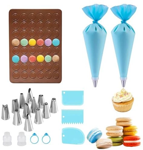 ChAusa Tappetino da forno in silicone a 48 fori per macaron, con 2 sac à poche e 12 beccucci, stampo antiaderente in silicone per macaron, cioccolato, cubetti di ghiaccio e altri alimenti