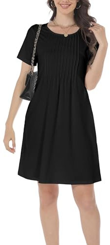 GRECERELLE Womens Summer Mini Dress Casual Short Sleeve Crew Neck Pleated Dresses with Pocket for Ladies (Black, L)