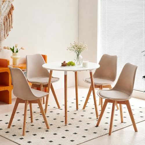 H.J o runt matbord med 4 stolar, matgrupp, 80 cm köksbord och set om 4 matrumsstolar, matsalsgrupp, sittgrupp för kök, vardagsrum (vitt bord + 4 kaki-stolar)
