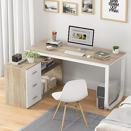 PREMTURE Modern L-Shaped Computer Desk, Reversible Corner Desk with Adjustable Cabinet, Large Writing Desk with Wooden Desktop & Metal Leg for Home Office, Oak Wood & White, 60 D × 140 W × 75 H cm