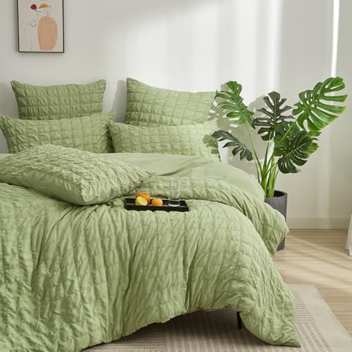 YASMENG Seersucker - Funda nórdica de 240 x 260 cm, color verde a cuadros Seersucker, juego de cama suave, transpirable, microfibra, ropa de cama para 2 personas adultas con cremallera y 2 fundas de