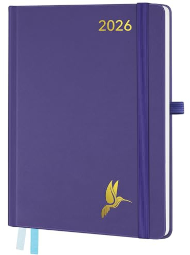 FEKSINO Kalender 2026 Buchkalender A4-28,6 x 21 cm, 12-Monate Terminplaner (Jan.2026-Dez.2026), Wochenplaner 2026 1 Woche 2 Seiten mit Stifthalter, 100 GSM Papier, Lila