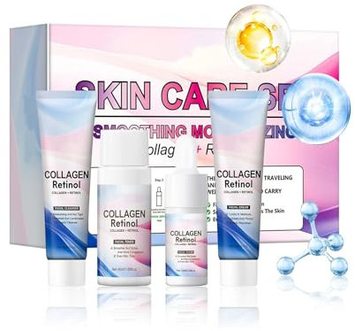 Set per la cura della pelle al collagene e retinolo, kit da viaggio anti-età con detergente, tonico e crema viso, rassodante e idratante