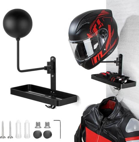 PUERSI Portacasco a Parete con Vassoio, Design Girevole a 180 Gradi, Portacasco da Corsa per Moto con Gancio, Può Appendere Abbigliamento Sportivo, Giacche, Chiavi, Guanti, Piccoli Oggetti
