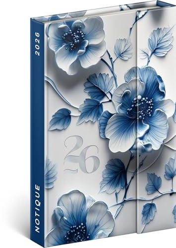 NOTIQUE Möteskalender 2026 – minifickplanerare ca A6 med magnetisk stängning, kompakt veckokalender 11 x 16 cm, inbunden bokkalender med månadsöversikt (porslinsblomma)
