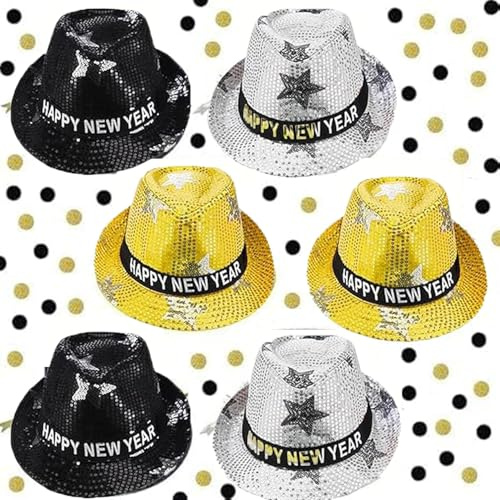 6 sombreros de Año Nuevo Fedora Sombrero de lentejuelas brillantes con estrella para hombres y mujeres Decoración de Nochevieja 2026 Fiesta de Nochevieja (Plata)