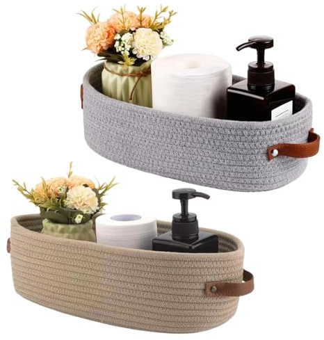 AMONENZ 2 Pezzi Cestino Portaoggetti, 28 × 10 × 10 cm Cestini Portaoggetti Bagno, Corda di Cotone Cesto Porta Oggetti, con Manico, per Bagno, Camera da Letto, Soggiorno