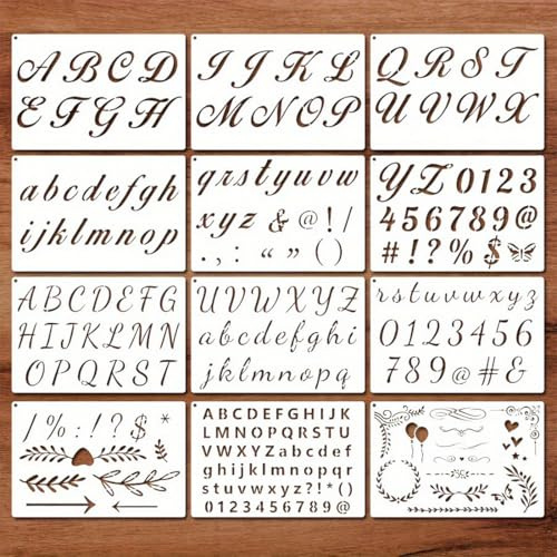 GHPKOTW 12 Pezzi Stencil da Disegno, Modelli Alfanumerici Riutilizzabili, Kit per DIY Scrapbooking, Pittura, Decorazioni Natalizie e Progetti Creativi