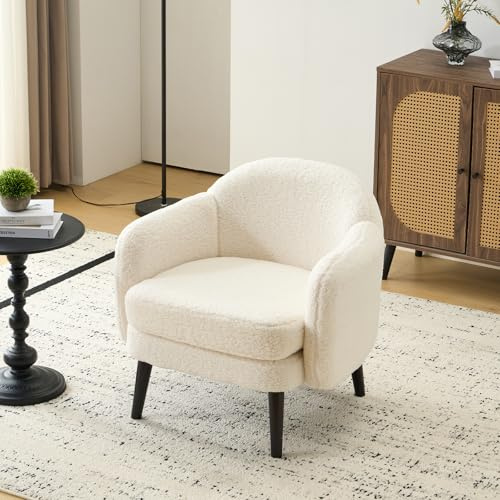 Bonnlo Fauteuil de Salon Moderne avec Accoudoirs, Canapé 1 Place avec Pieds en Bois Massif, Chaise de Bureau Rembourrée et de Forme Ronde, pour Salon, Chambre, Salle, Velours Teddy, Beige