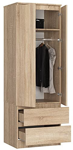 BDW Kleiderschrank mit 2 Türen, 2-türiger Kleiderschrank, 2 Schubladen - Aufbewahrungsschrank - Moderner Schrank für Schlafzimmer, Wohnzimmer, Flur, Kinderzimmer - 180x60x51cm - Eiche Sonoma