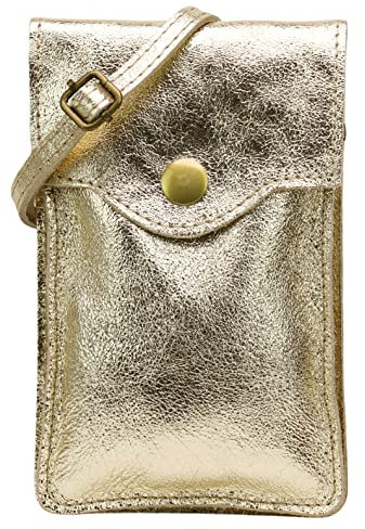 SH Leder Damen Handytasche Umhängetasche Geldbörse Multifunktion Beutel Schultertasche aus Echtleder Verstellbar Schultergurt Handy bis 6.8 Zoll 12x19cm ADA G3282 (Gold)
