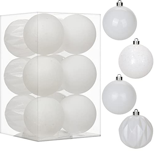 12 pcs Christmas Baubles Xmas Ball Ornaments with Strings, 80mm/3.1 White Shatterproof Plastic Hanging Decorations, Christmas Tree Pendants for Home Party Wedding Holiday